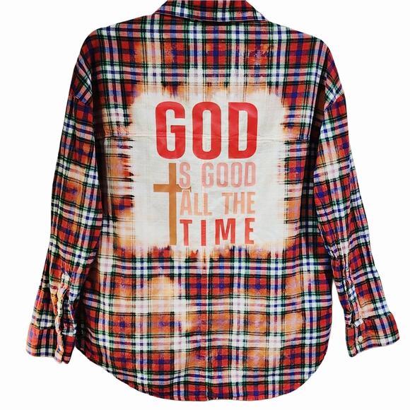 God Is Good All The Time Custom Christian Upcycled Plaid Shirt, Women's S - Picture 1 of 5